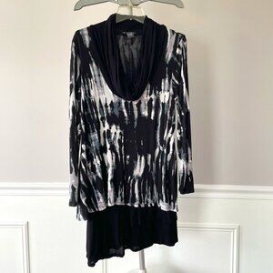 Chelsea & Theodore Tie-dyed Cowl Neck Layered Tunic/Dress Black White and Grey